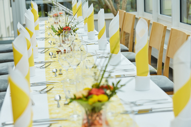 Gedeckte Essentafel mit Geschirr, Besteck und Gläsern
