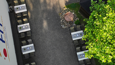 Hotelgarten mit Tischen aus der Vogelperspektive