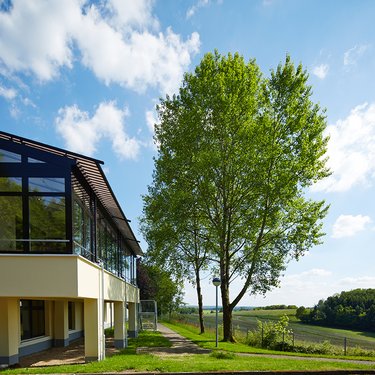 Wiese unter blauem Himmel mit Blick auf das Hotel Fit links